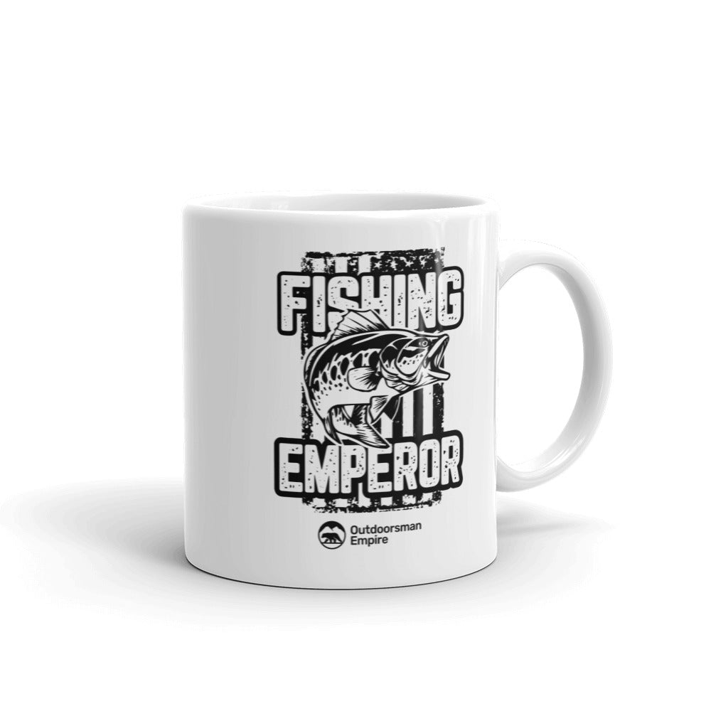 Fishing Emperor v4 11oz Mug with UV printed design, showcasing a fishing theme and a sturdy ceramic build.